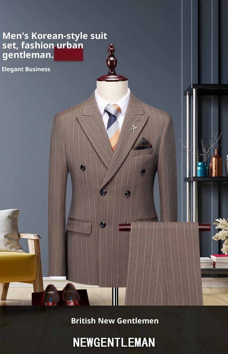 Jongen High-End Koffiekleurige Gestreepte Set Voor Heren Met Split En Dubbelrijs Zwart Zakelijk Pak Bruidegom Trouwoutfit_voghion.com