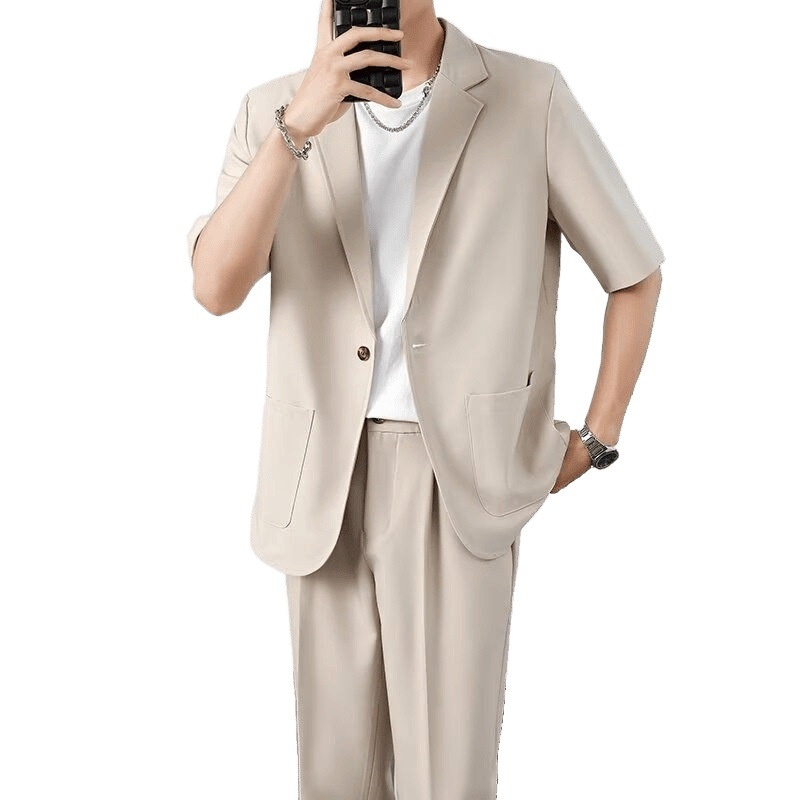 ragazzo Xia Pi Shuai Ice Silk Sottile Corto Uomo Moda Completo Due Pezzi Set Manica Cinque Quarti Casual_voghion.com