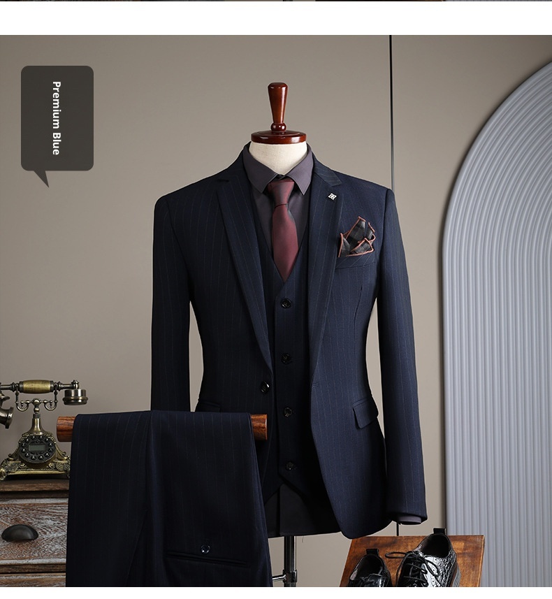 Traje de hombre con rayas grises, estilo coreano, corte ajustado, ideal para bodas, banquetes y eventos formales e informales._voghion.com