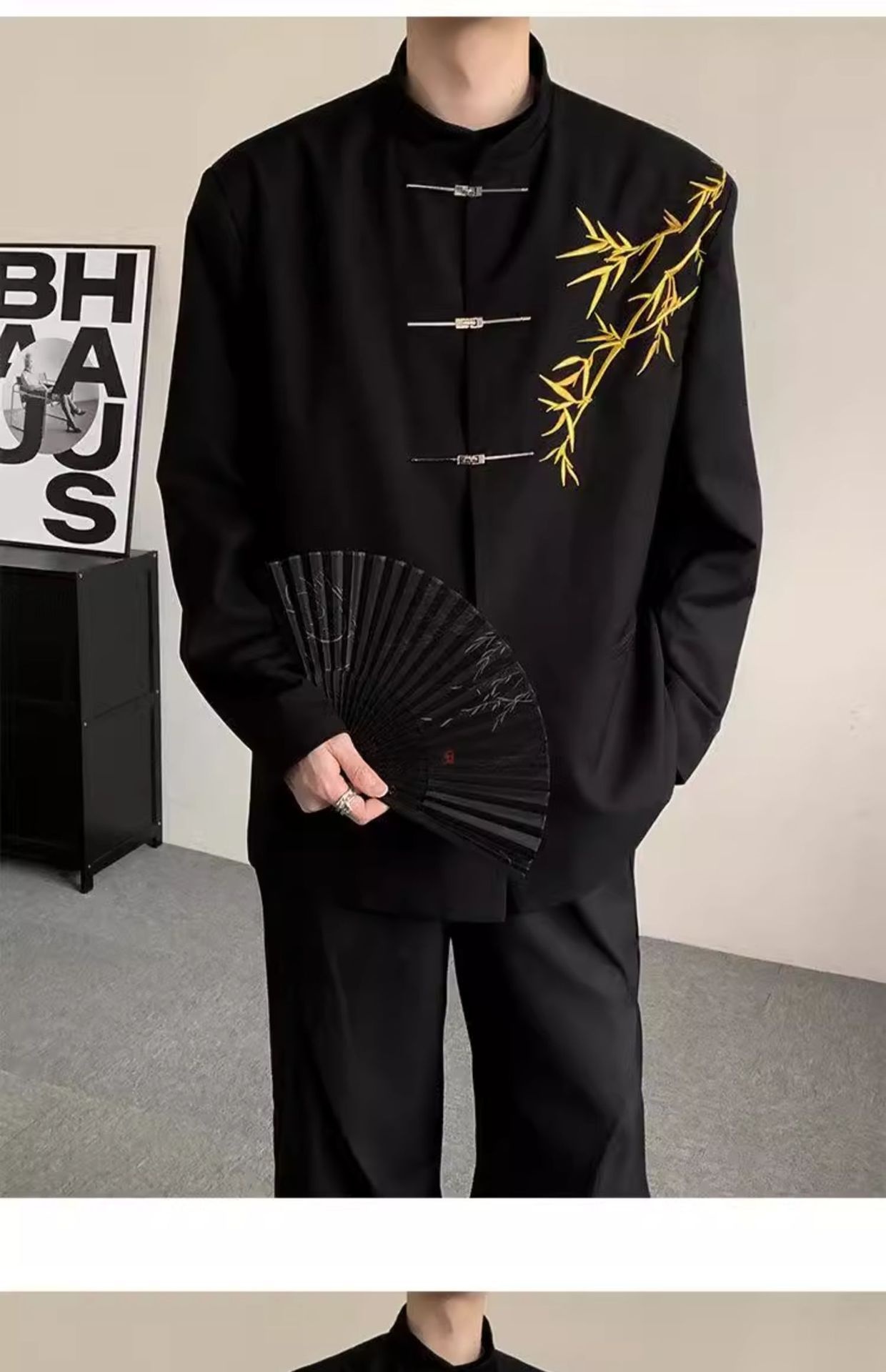 boy New Chinese Men's Engagement National Style Stand Collar Zhongshan Gold Bamboo Embroidery Boys Adult Formal Suit_voghion.com
