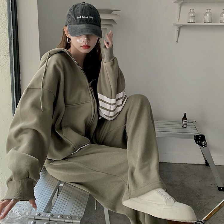 001 Thickened Hooded Sports Women, Spring, Autumn, Winter Korean Style, Loose Fit For Students, Fashionable Casual Two-Piece_voghion.com