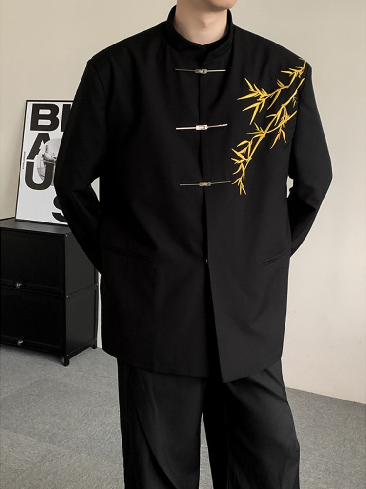 boy New Chinese Men's Engagement National Style Stand Collar Zhongshan Gold Bamboo Embroidery Boys Adult Formal Suit_voghion.com