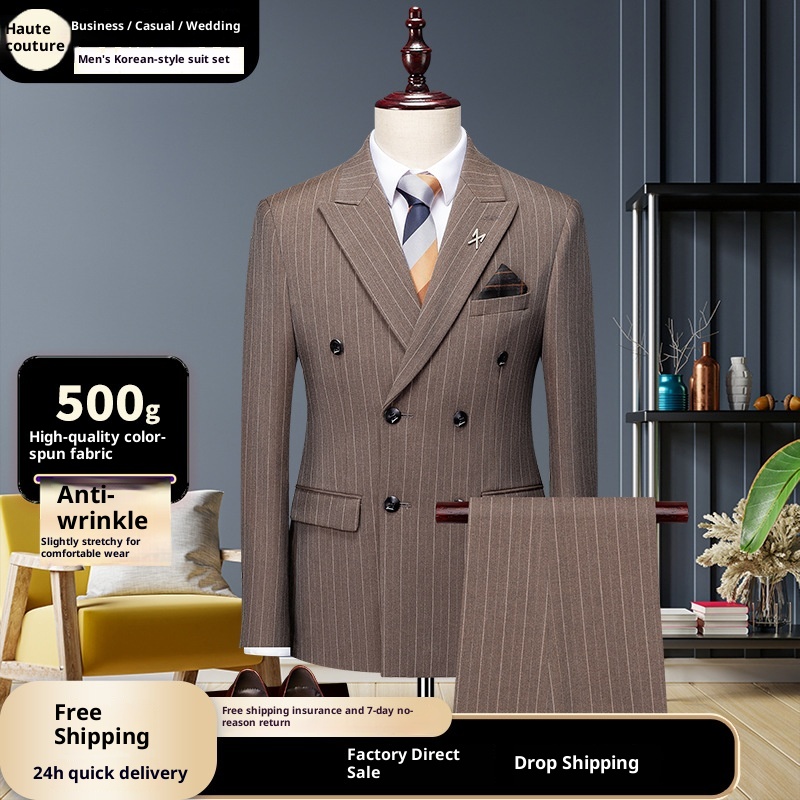 Jongen High-End Koffiekleurige Gestreepte Set Voor Heren Met Split En Dubbelrijs Zwart Zakelijk Pak Bruidegom Trouwoutfit_voghion.com