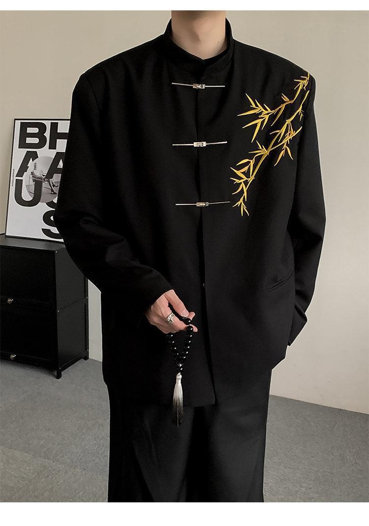 boy New Chinese Men's Engagement National Style Stand Collar Zhongshan Gold Bamboo Embroidery Boys Adult Formal Suit_voghion.com