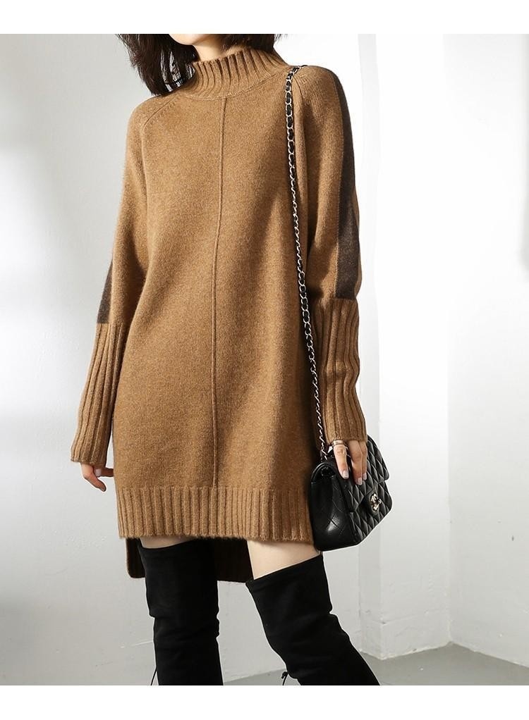 GraceChic Cross-Border Autumn New Half-High Collar Color-Block Sweater Women's Mid-Length Loose Plus Size Knitted Dress_voghion.com
