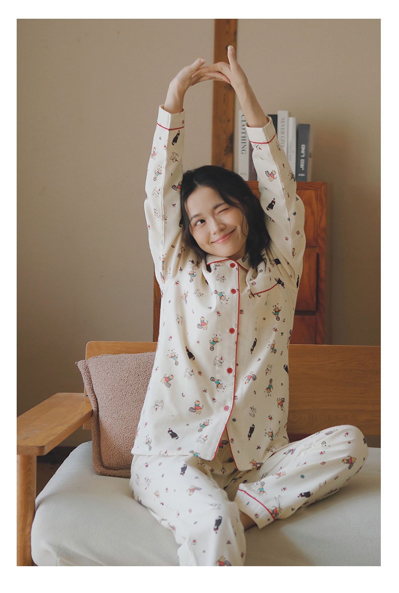 ChicShe Circus 69 – Japanischer Pyjama für Damen, Frühlings- und Winter-Homewear-Set aus gebürsteter Baumwolle mit Cartoon-Motiven_voghion.com