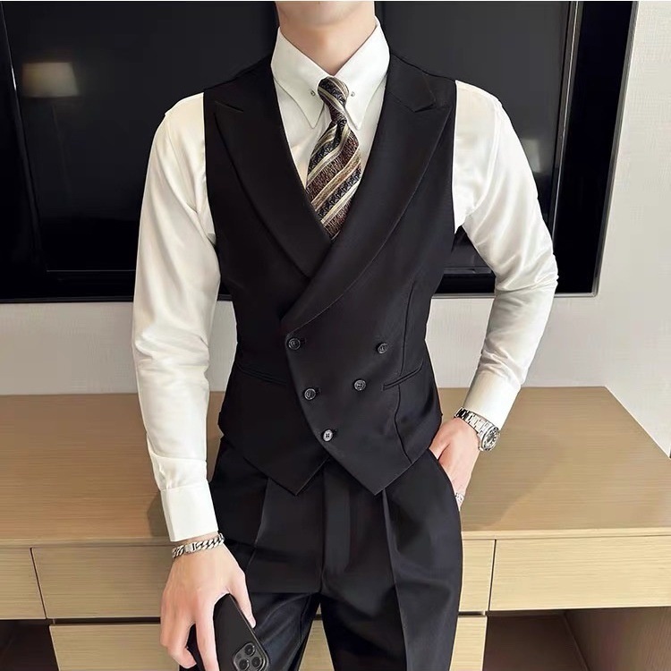 Terno masculino de alta qualidade, conjunto de colete e calça, casual, com botões, estilo britânico, ideal para padrinhos de casamento e irmãos, com lapela de pico._voghion.com