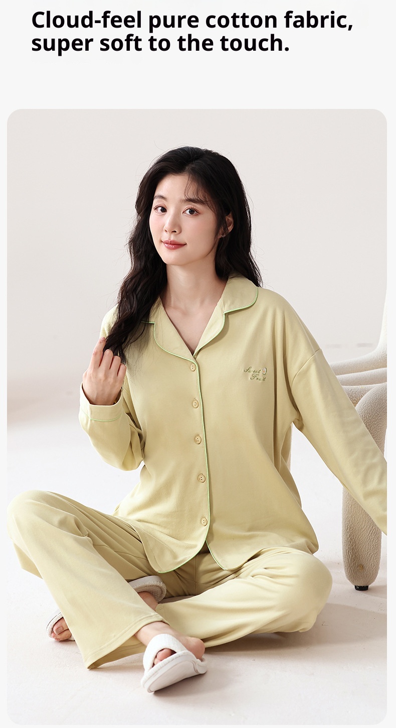 ChicShe 100% Cotton Padded Pajamas Women, Long Sleeve Pants, Simple Casual Korean Style Cardigan With Turn-Down Collar, Suitable_voghion.com