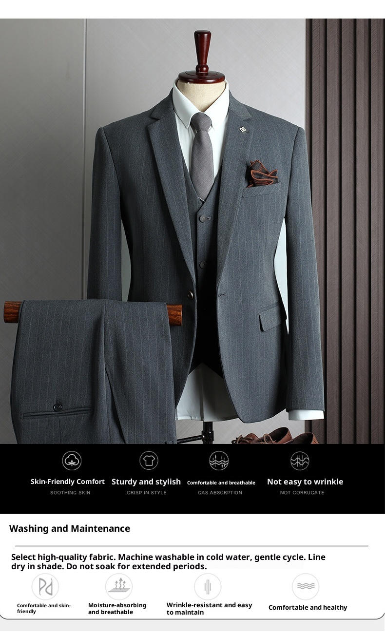 Traje de hombre con rayas grises, estilo coreano, corte ajustado, ideal para bodas, banquetes y eventos formales e informales._voghion.com