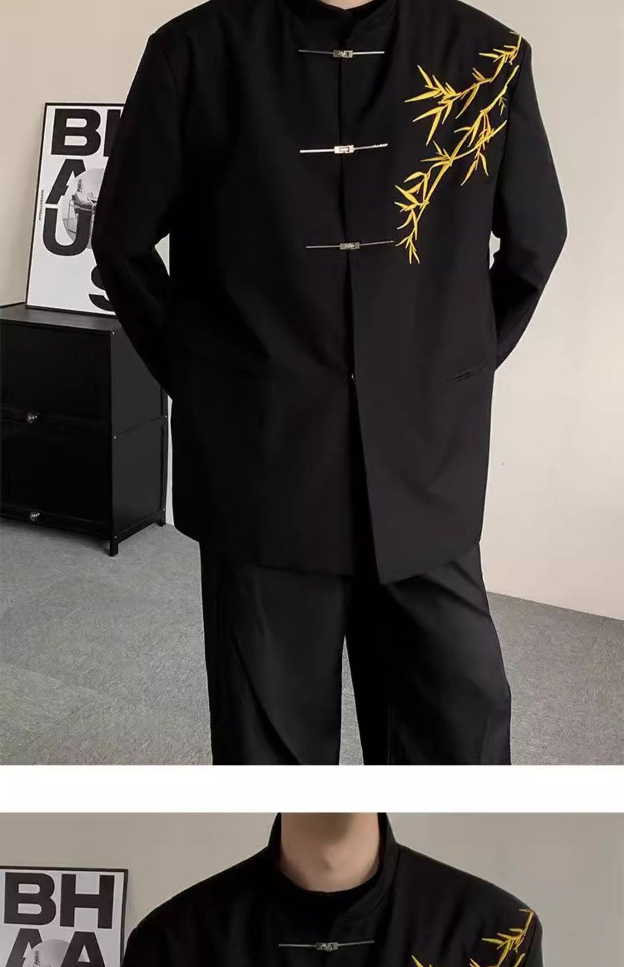 boy New Chinese Men's Engagement National Style Stand Collar Zhongshan Gold Bamboo Embroidery Boys Adult Formal Suit_voghion.com