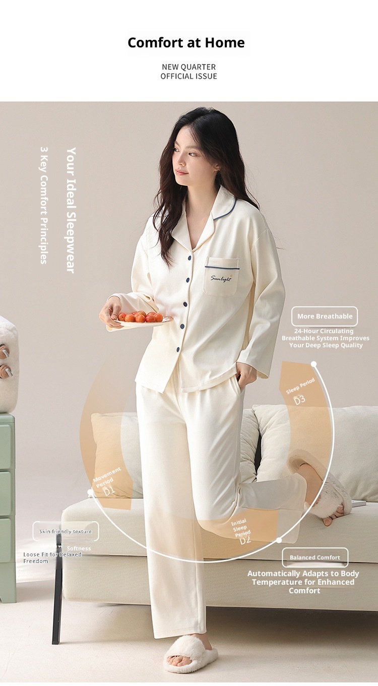 ChicShe Nuovo Pigiama da Donna in Puro Cotone Autunnale a Maniche Lunghe Cardigan Traspirante e Comodo Tutto in Cotone Tinta Unita Indossabile_voghion.com