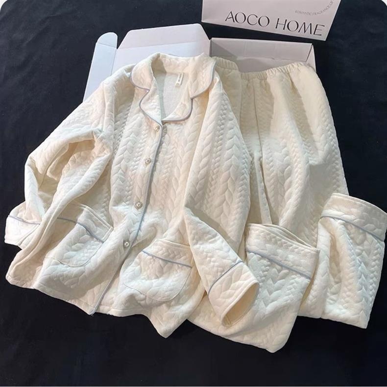 Pigiama ChicShe da donna in cotone per autunno inverno, cotone traspirante spesso, carino e dolce, caldo abbigliamento da casa a maniche lunghe, taglie forti_voghion.com