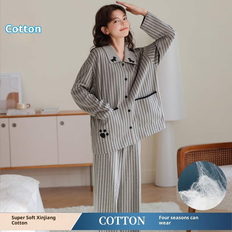ChicShe 2025 New Cotton Pajamas For Women Spring And Autumn Long Sleeve Loose Striped Set Ladies Homewear Wearable Cartoon_voghion.com
