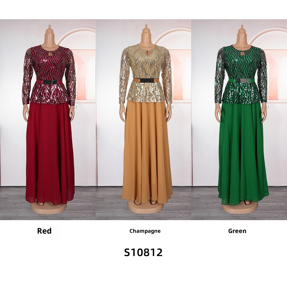 GraceChic Cross-Border Foreign Trade Sequin Banquet Party Long African Women's Clothing Plus Size Dress With Belt_voghion.com