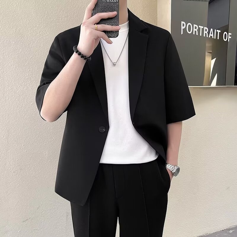 Completo estivo da uomo a maniche corte, slim fit, casual, alla moda, con maniche a sette quarti, piccolo blazer coreano_voghion.com