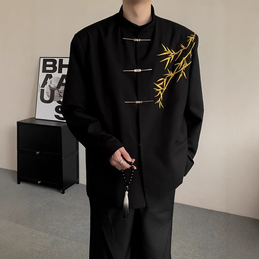 boy New Chinese Men's Engagement National Style Stand Collar Zhongshan Gold Bamboo Embroidery Boys Adult Formal Suit_voghion.com