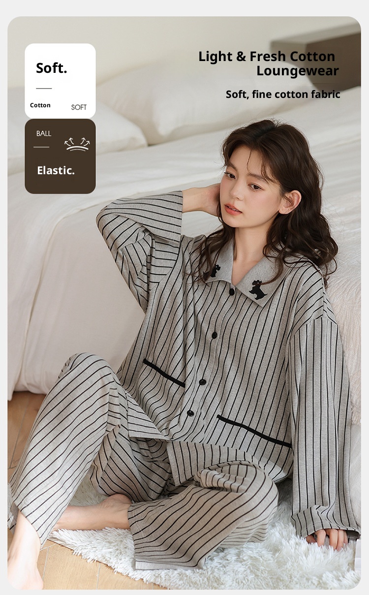 ChicShe 2025 New Cotton Pajamas For Women Spring And Autumn Long Sleeve Loose Striped Set Ladies Homewear Wearable Cartoon_voghion.com