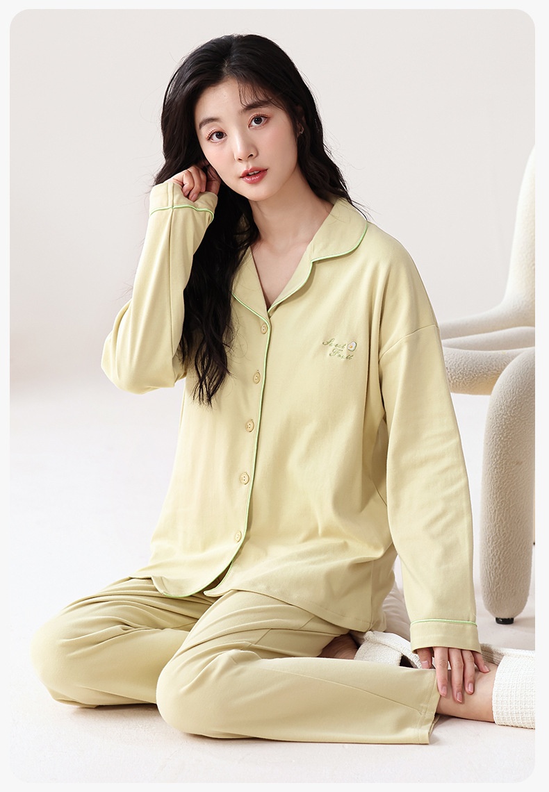 ChicShe 100% Cotton Padded Pajamas Women, Long Sleeve Pants, Simple Casual Korean Style Cardigan With Turn-Down Collar, Suitable_voghion.com