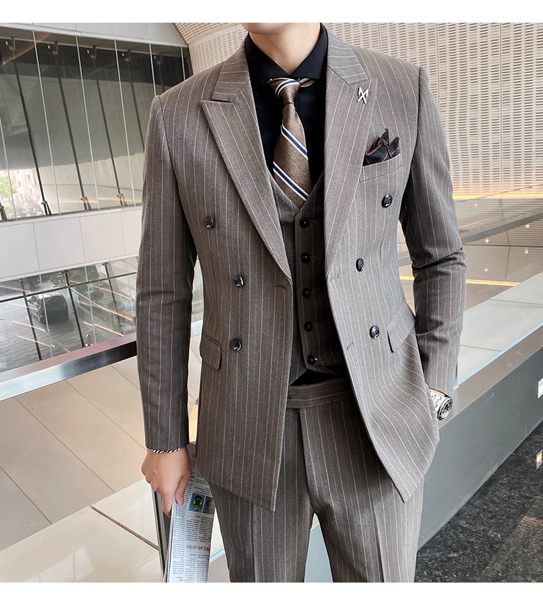 Jongen High-End Koffiekleurige Gestreepte Set Voor Heren Met Split En Dubbelrijs Zwart Zakelijk Pak Bruidegom Trouwoutfit_voghion.com