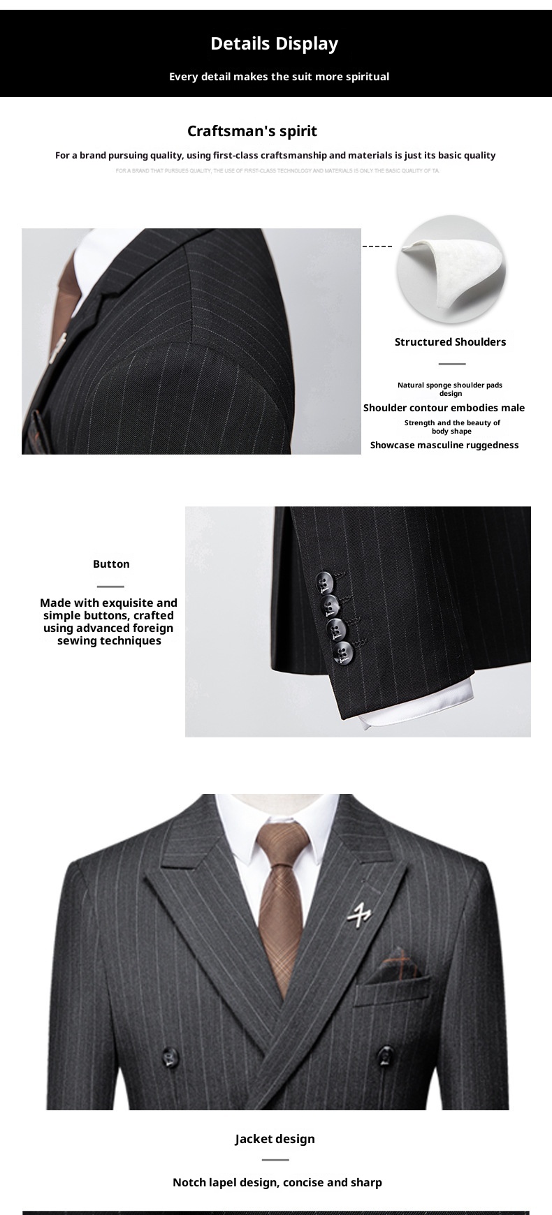 Jongen High-End Koffiekleurige Gestreepte Set Voor Heren Met Split En Dubbelrijs Zwart Zakelijk Pak Bruidegom Trouwoutfit_voghion.com