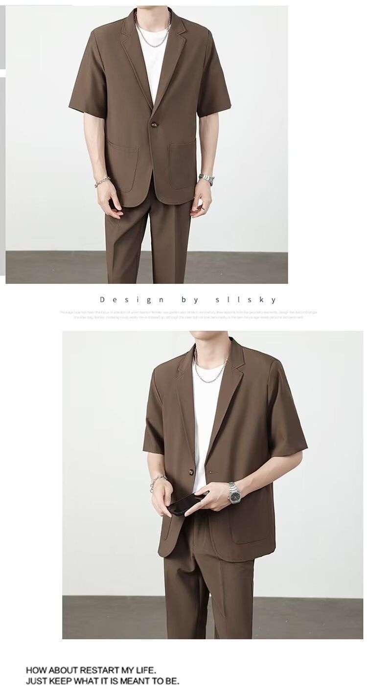 ragazzo Xia Pi Shuai Ice Silk Sottile Corto Uomo Moda Completo Due Pezzi Set Manica Cinque Quarti Casual_voghion.com