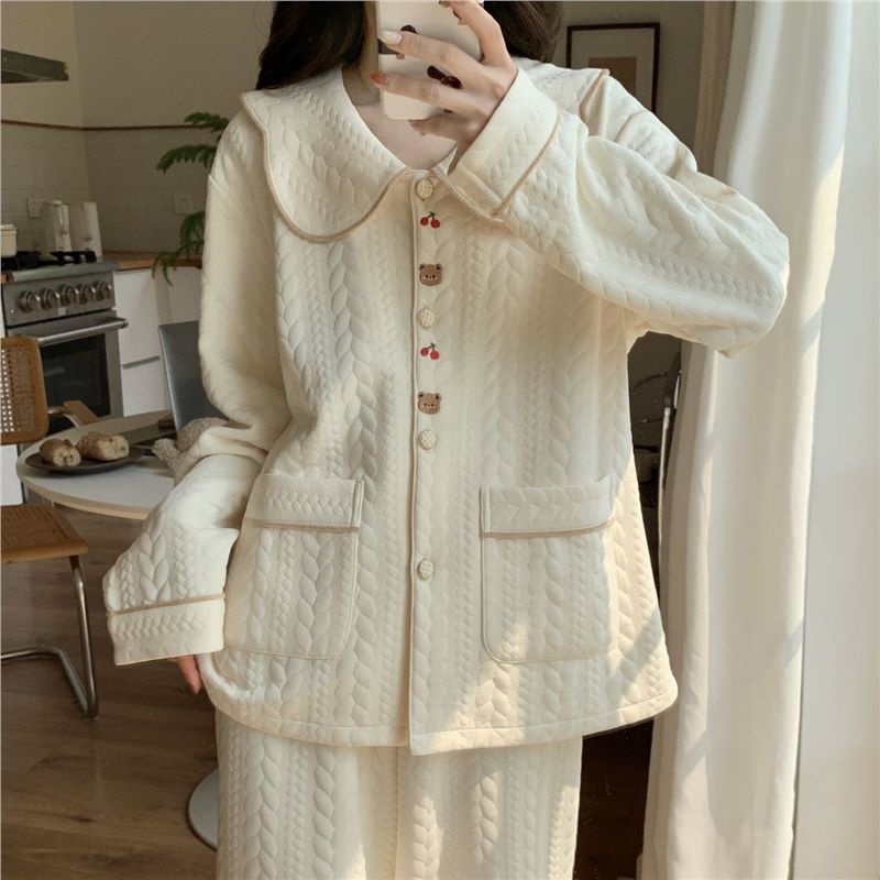 Pigiama ChicShe da donna in cotone per autunno inverno, cotone traspirante spesso, carino e dolce, caldo abbigliamento da casa a maniche lunghe, taglie forti_voghion.com