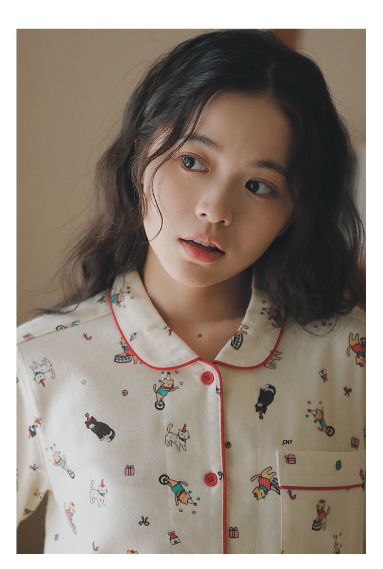 ChicShe Circus 69 – Japanischer Pyjama für Damen, Frühlings- und Winter-Homewear-Set aus gebürsteter Baumwolle mit Cartoon-Motiven_voghion.com