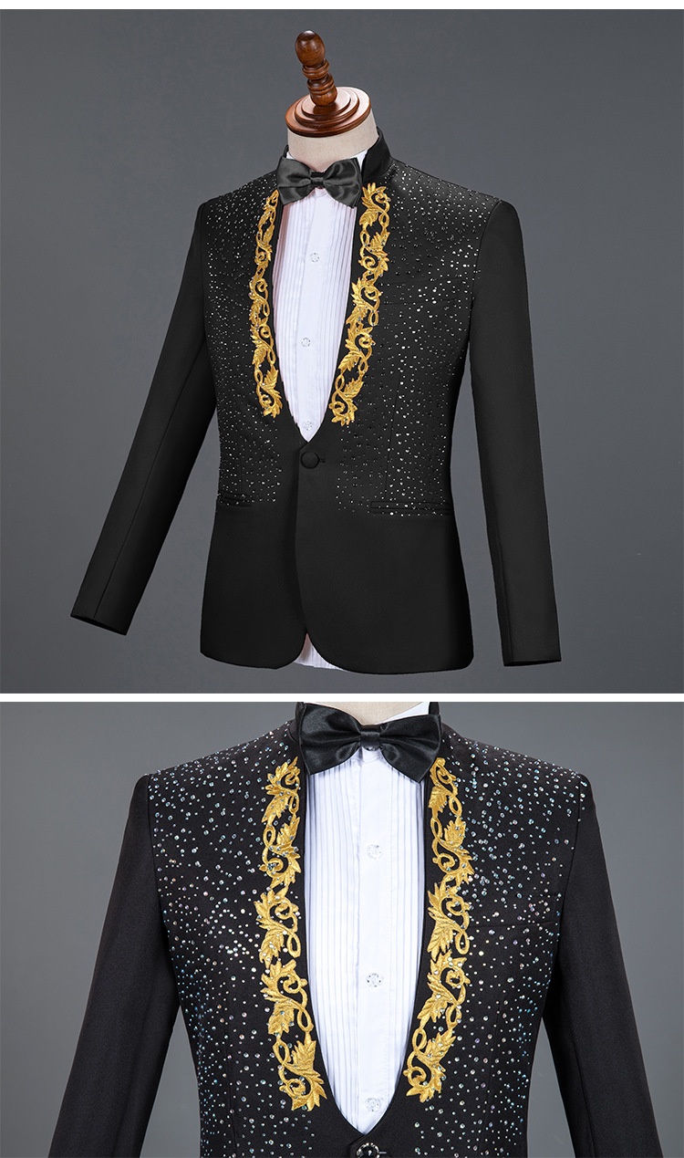 Costume da esibizione per uomo, adulto, con colletto alto e paillettes, cantante, presentatore, coro da palcoscenico, completo formale da uomo_voghion.com