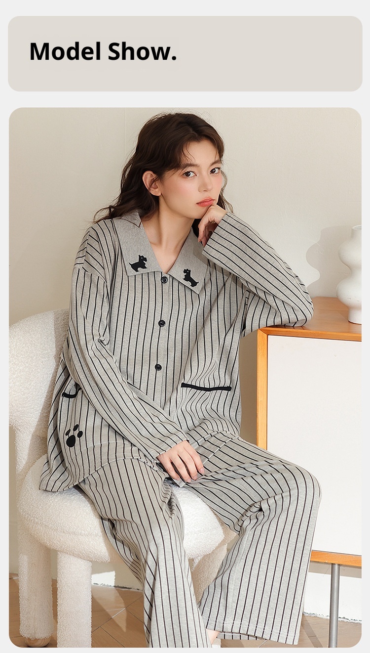ChicShe 2025 New Cotton Pajamas For Women Spring And Autumn Long Sleeve Loose Striped Set Ladies Homewear Wearable Cartoon_voghion.com
