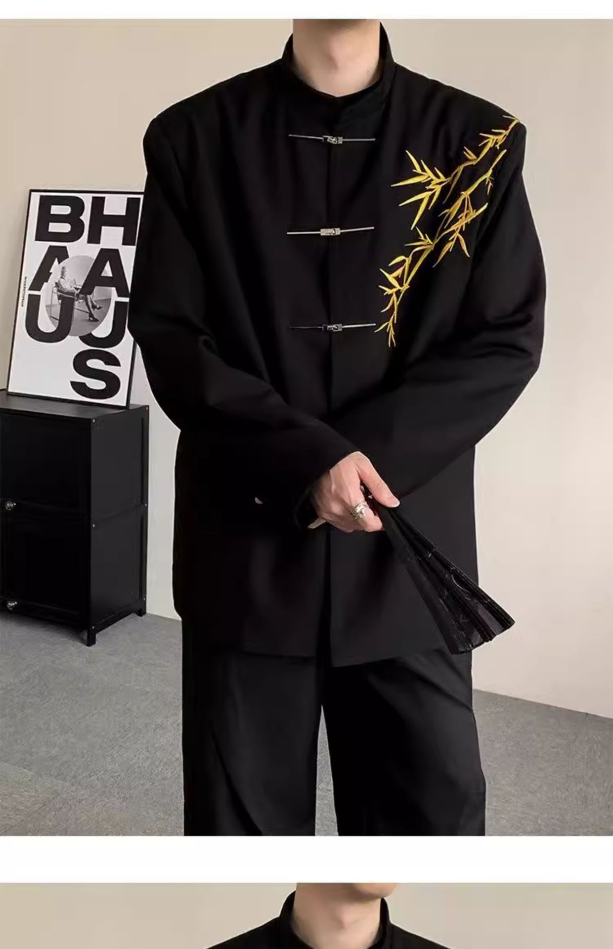 boy New Chinese Men's Engagement National Style Stand Collar Zhongshan Gold Bamboo Embroidery Boys Adult Formal Suit_voghion.com