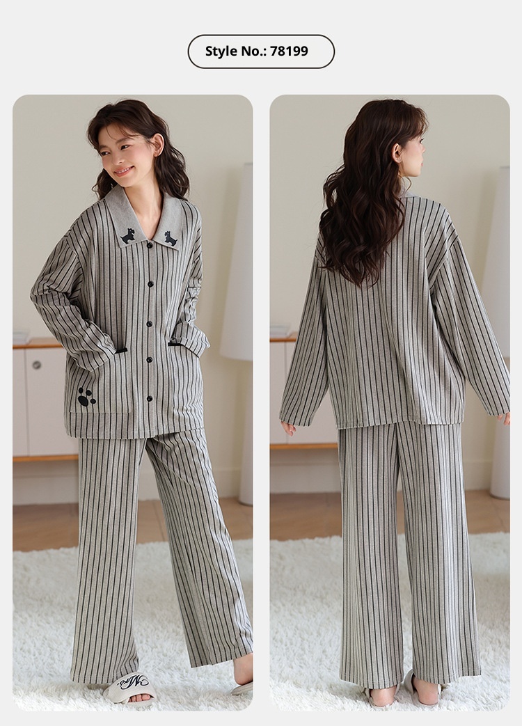 ChicShe 2025 New Cotton Pajamas For Women Spring And Autumn Long Sleeve Loose Striped Set Ladies Homewear Wearable Cartoon_voghion.com