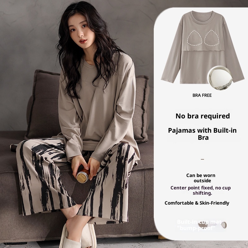 ChicShe Women's Cotton Long Sleeve Round Neck Pullover Simple Casual New Home Wear Set With Built-in Chest Pads For Spring And_voghion.com