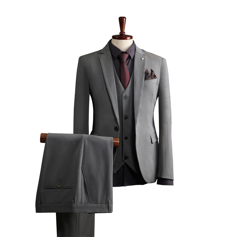 Traje de hombre con rayas grises, estilo coreano, corte ajustado, ideal para bodas, banquetes y eventos formales e informales._voghion.com