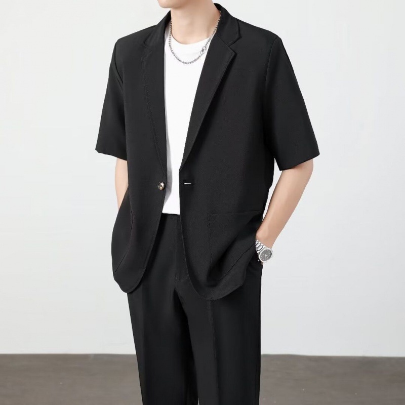 ragazzo Xia Pi Shuai Ice Silk Sottile Corto Uomo Moda Completo Due Pezzi Set Manica Cinque Quarti Casual_voghion.com