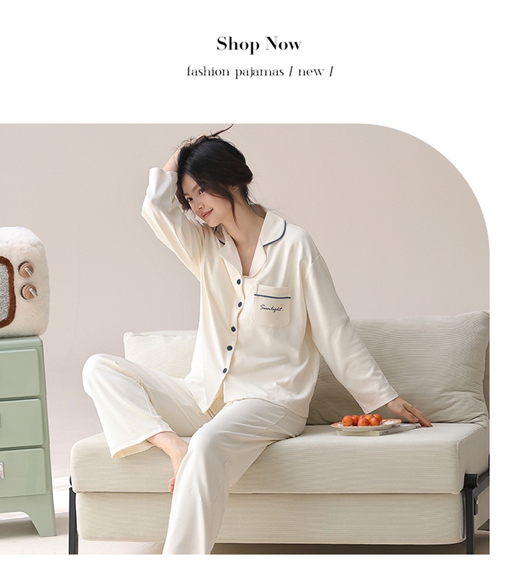 ChicShe Nuovo Pigiama da Donna in Puro Cotone Autunnale a Maniche Lunghe Cardigan Traspirante e Comodo Tutto in Cotone Tinta Unita Indossabile_voghion.com