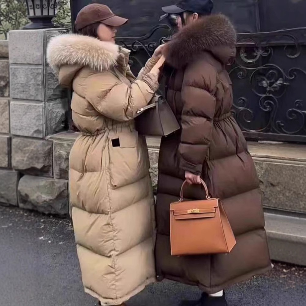 ChicShe 2024 New Winter Large Fur Collar Hooded Thickened Long White Duck Warm Korean Style Women's Down Jacket Coat_voghion.com