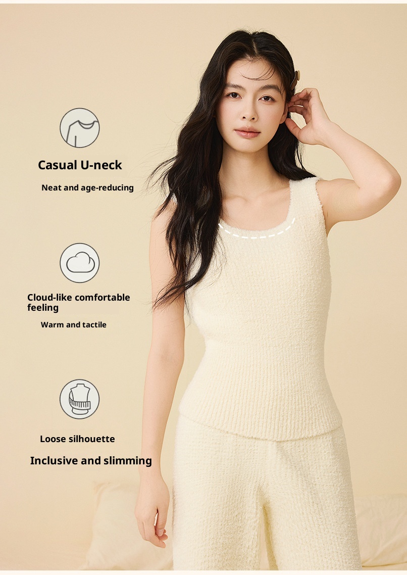ChicShe New Soft Fluffy Half-Fleece Pajamas Women, Autumn And Winter Korean Style Elegant Camisole Three-Piece Set, Suitable For_voghion.com