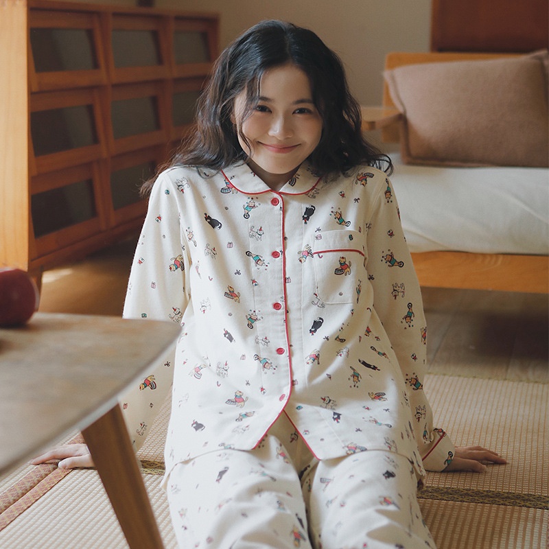 ChicShe Circus 69 – Japanischer Pyjama für Damen, Frühlings- und Winter-Homewear-Set aus gebürsteter Baumwolle mit Cartoon-Motiven_voghion.com