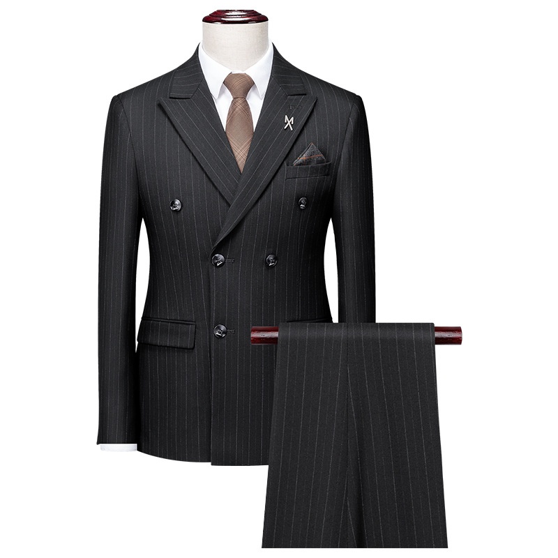 Jongen High-End Koffiekleurige Gestreepte Set Voor Heren Met Split En Dubbelrijs Zwart Zakelijk Pak Bruidegom Trouwoutfit_voghion.com