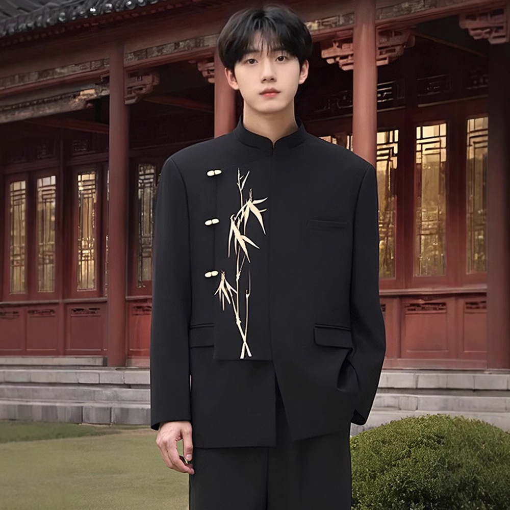 boy New Chinese Men's Formal Engagement Ceremony Irregular Set National Style Stand Collar Golden Bamboo Embroidery_voghion.com