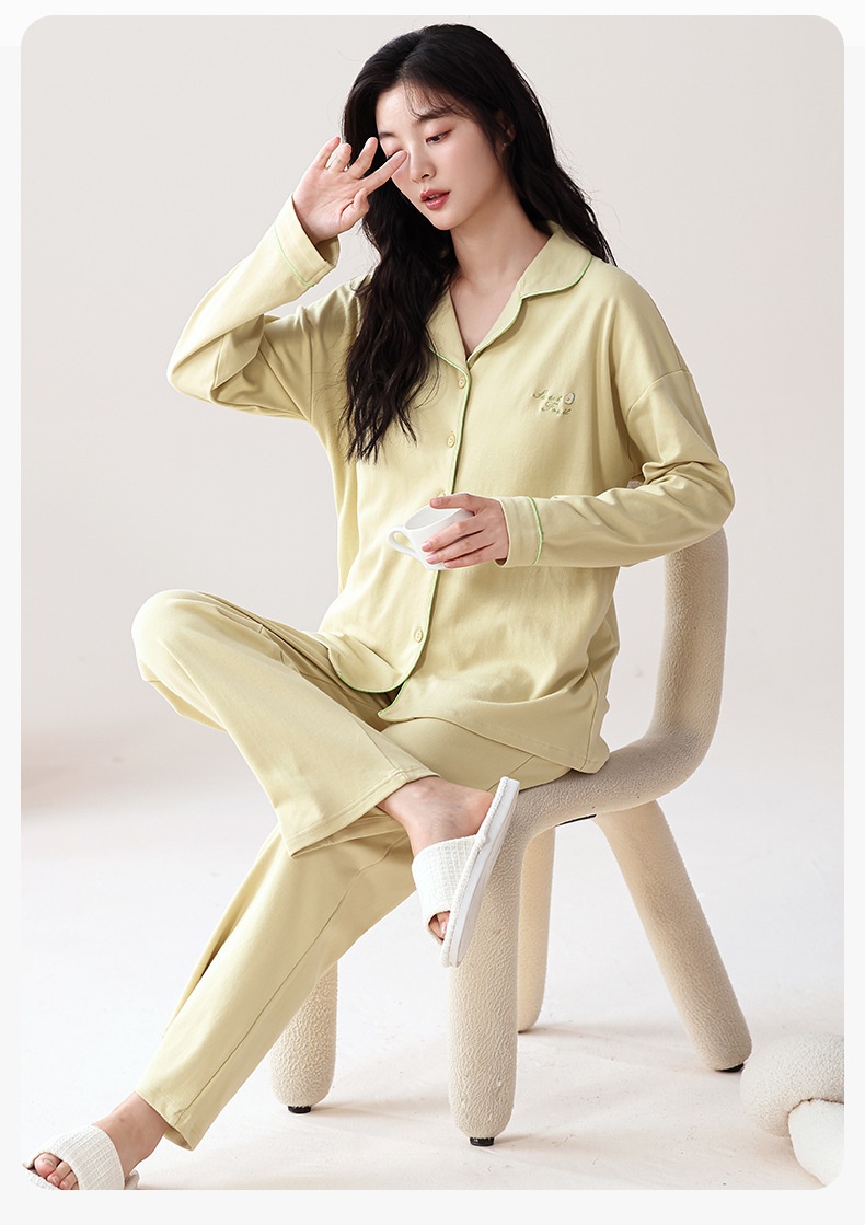 ChicShe 100% Cotton Padded Pajamas Women, Long Sleeve Pants, Simple Casual Korean Style Cardigan With Turn-Down Collar, Suitable_voghion.com