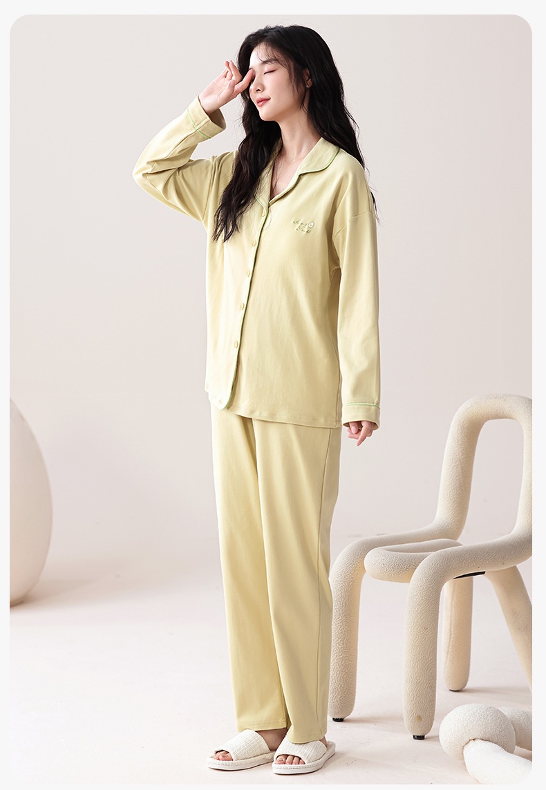 ChicShe 100% Cotton Padded Pajamas Women, Long Sleeve Pants, Simple Casual Korean Style Cardigan With Turn-Down Collar, Suitable_voghion.com