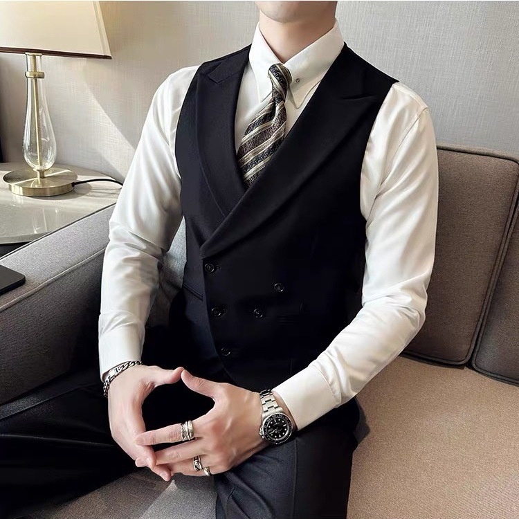 Terno masculino de alta qualidade, conjunto de colete e calça, casual, com botões, estilo britânico, ideal para padrinhos de casamento e irmãos, com lapela de pico._voghion.com