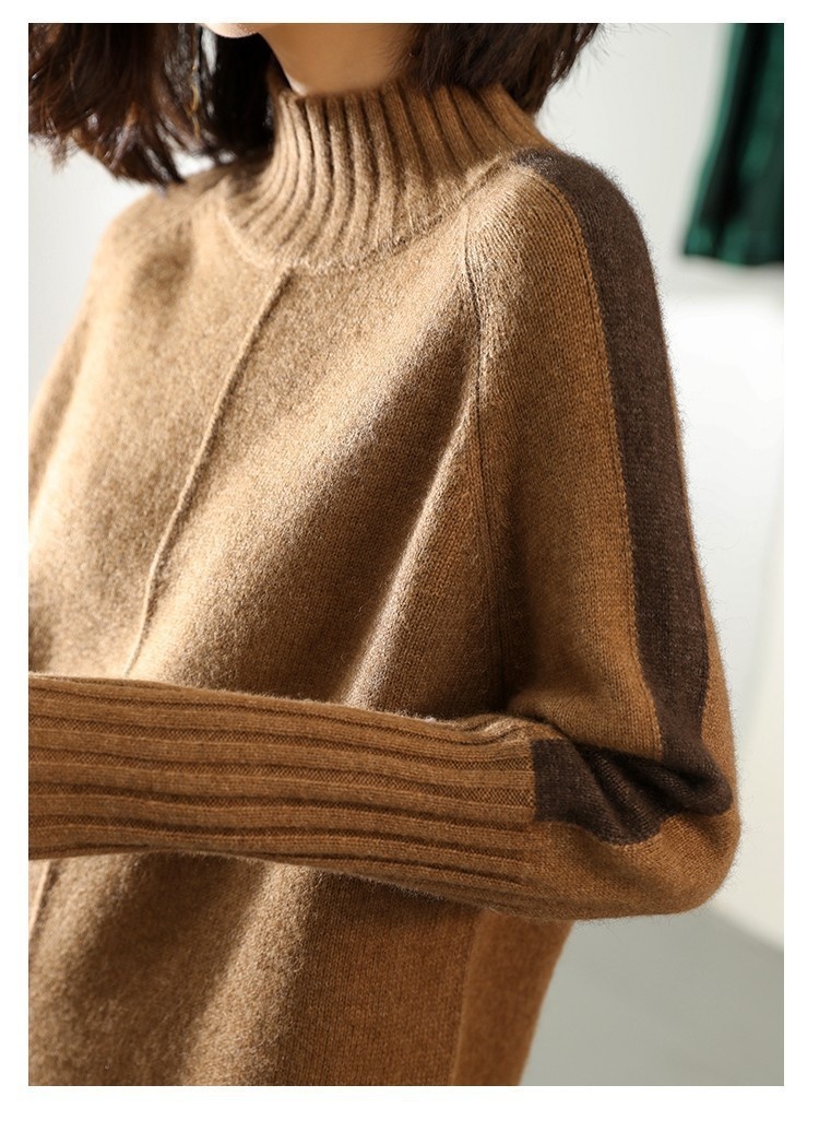 GraceChic Cross-Border Autumn New Half-High Collar Color-Block Sweater Women's Mid-Length Loose Plus Size Knitted Dress_voghion.com