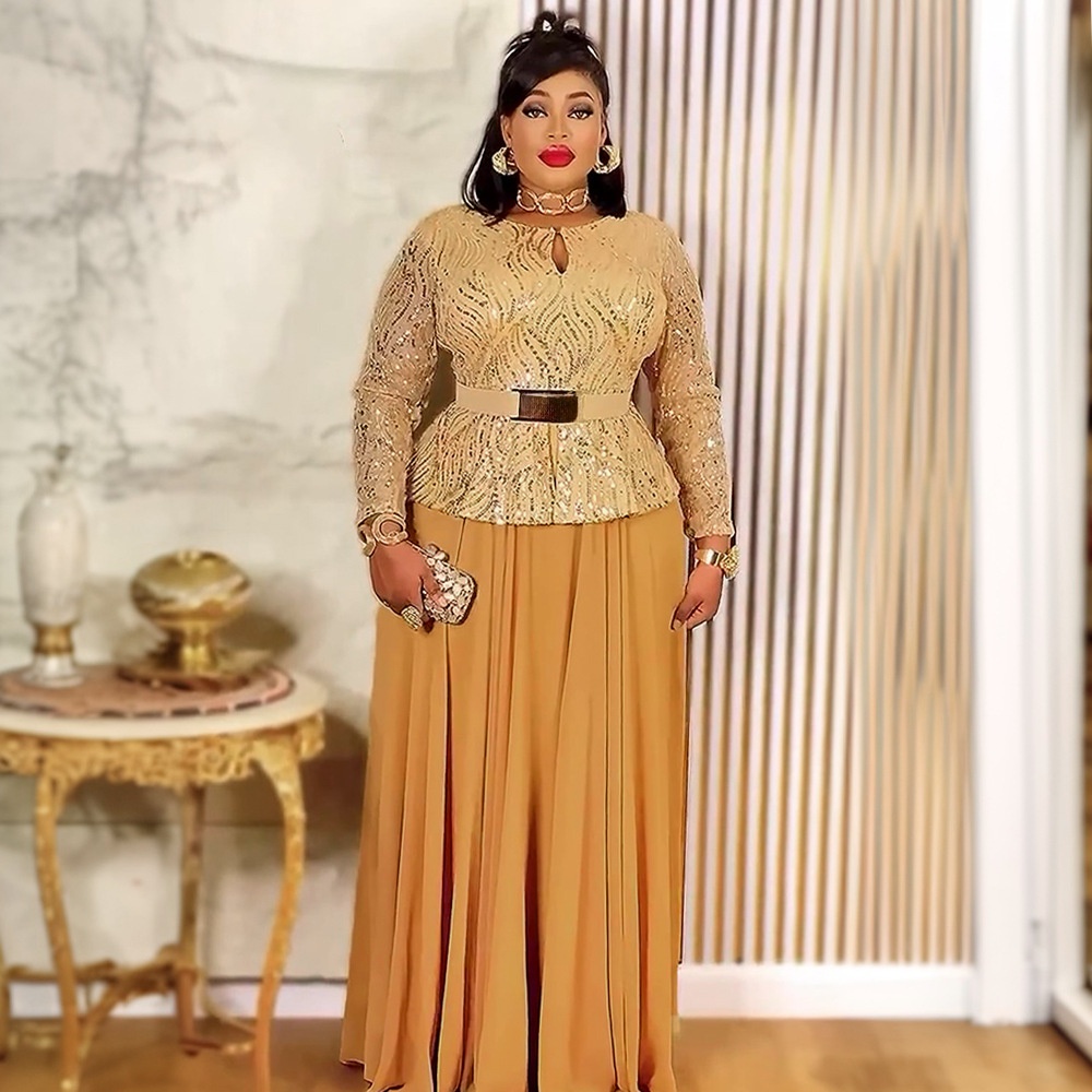 GraceChic Cross-Border Foreign Trade Sequin Banquet Party Long African Women's Clothing Plus Size Dress With Belt_voghion.com