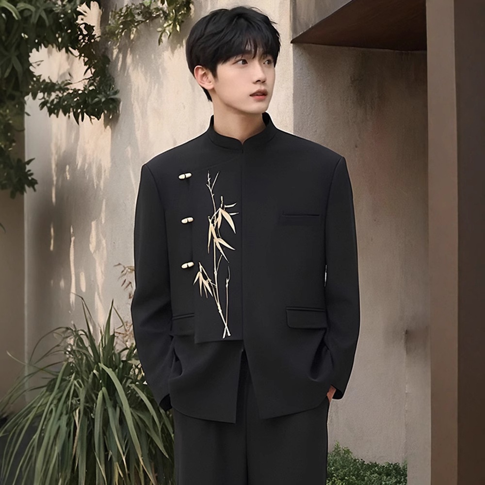 boy New Chinese Men's Formal Engagement Ceremony Irregular Set National Style Stand Collar Golden Bamboo Embroidery_voghion.com