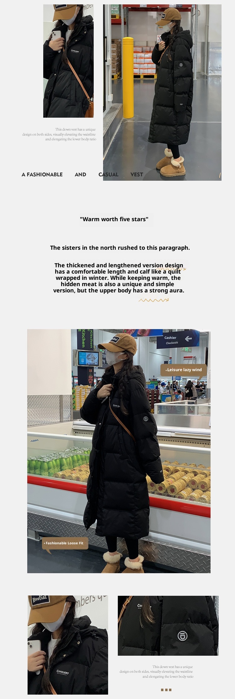 Doudoune longue ChicShe en coton pour femme, arrivant au-dessus du genou, extra longue, collection hiver 2023, manteau épais et ample pour couple_voghion.com