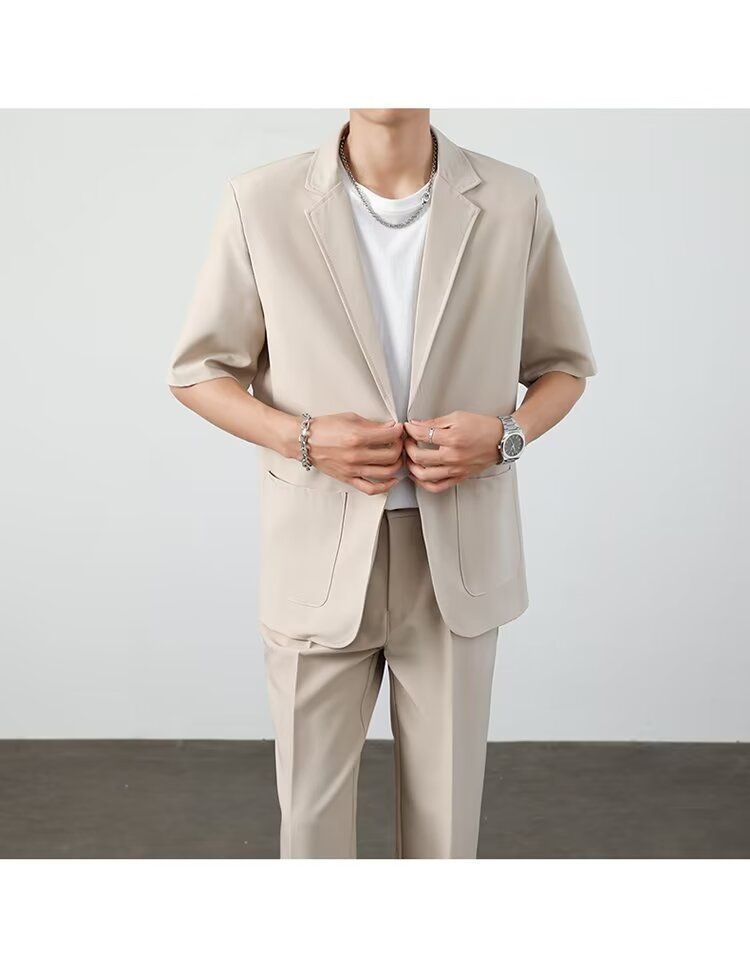 ragazzo Xia Pi Shuai Ice Silk Sottile Corto Uomo Moda Completo Due Pezzi Set Manica Cinque Quarti Casual_voghion.com