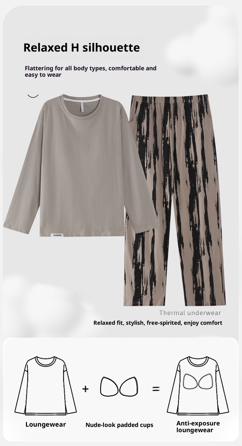 ChicShe Women's Cotton Long Sleeve Round Neck Pullover Simple Casual New Home Wear Set With Built-in Chest Pads For Spring And_voghion.com