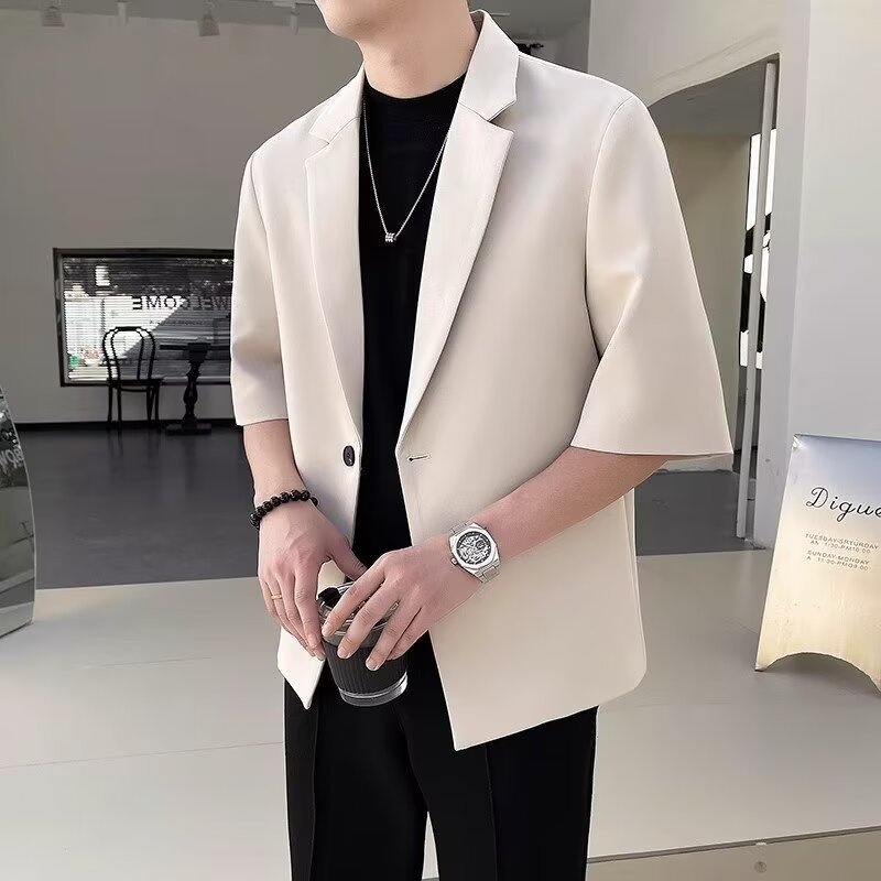 boy Summer Mid-Sleeve Suit Set For Men Slim Fit Casual Short Men's Fashionable Seven-Quarter Sleeve Small Blazer Korean_voghion.com
